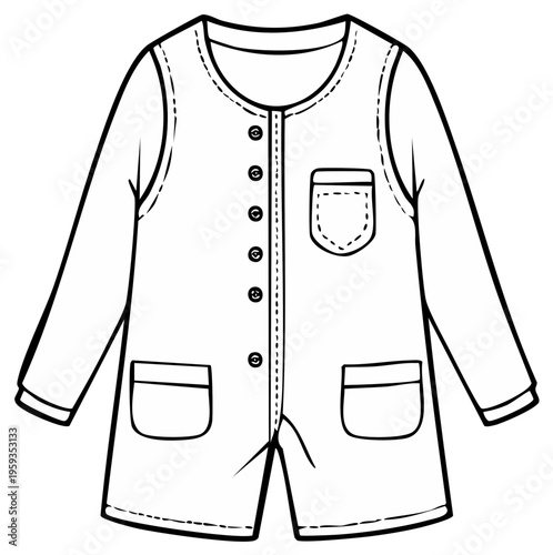 Childrens white button up long sleeve romper with pockets and collar detail line drawing