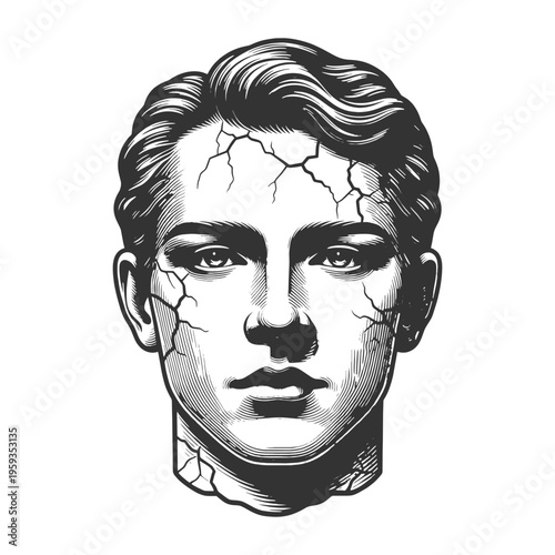 cracked human face, mental breakdown, emotional damage, inner pain, and psychological stress sketch engraving generative ai vector illustration. Scratch board imitation. Black and white image.