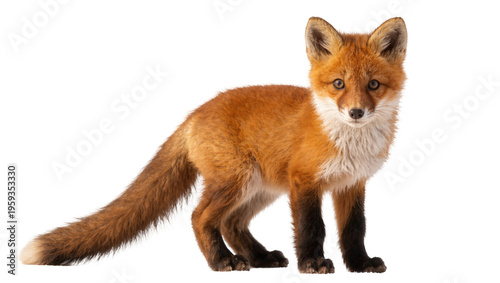 Tableau sur toile Adorable young red fox kit with fluffy orange fur standing and looking at the ca