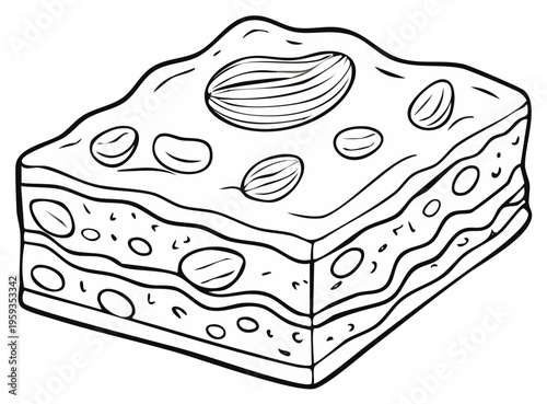 Hand drawn illustration of a rich layered dessert with nuts and syrup