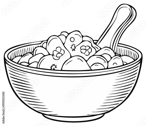 Line art illustration of a bowl overflowing with whole fruits and a spoon, representing healthy eating and natural ingredients.