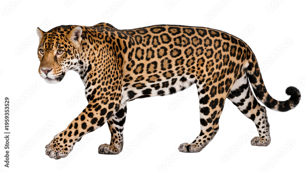 Naklejka premium A captivating jaguar, powerful big cat, walking with elegance, showcasing its unique rosettes