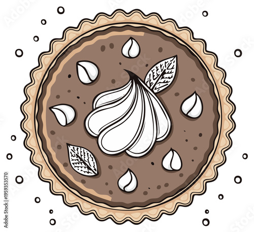 Delicious chocolate tart with whipped cream hazelnuts and mint leaves top view drawing