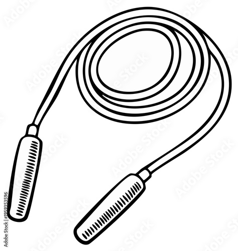 Black and white illustration of jump rope with handles, fitness, cardio equipment, vector outline