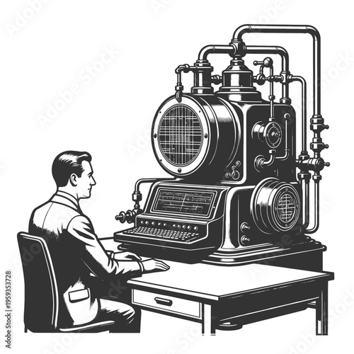 man in suit operating a large vintage industrial machine with pipes and gauges, early technology and innovation sketch engraving generative ai vector illustration. Scratch board. Black and white.