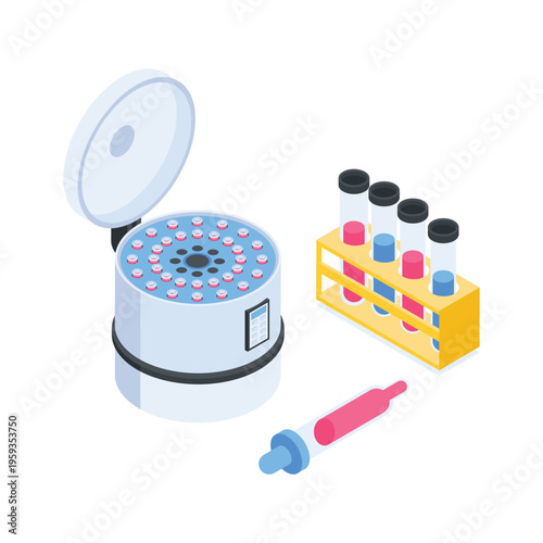 Easy to edit isometric illustration depicting laboratory centrifuge machine for sample separation