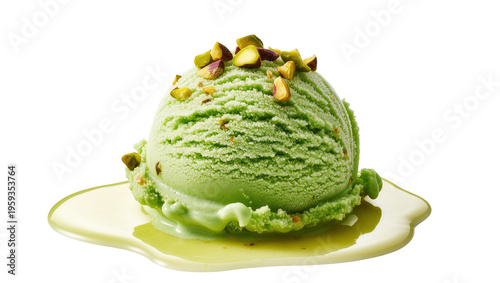 Tableau sur toile Creamy green pistachio ice cream scoop with chopped nuts melting gently, summer