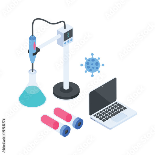 Modern isometric illustration showing virological analysis and virus laboratory testing