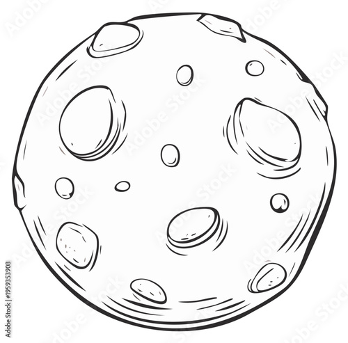 Drawn moon with craters and a textured surface, space illustration
