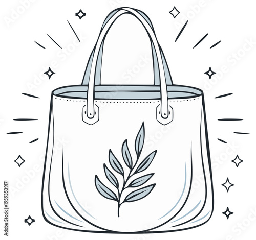 Illustration of a reusable tote bag with a botanical leaf design and sparkling accents
