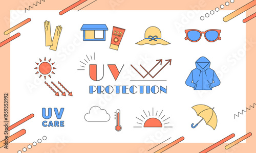 紫外線対策のイラスト・アイコンセット　フレーム・背景・UVカット・春・夏