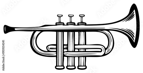 Single line drawing of a trumpet with detailed bell and keys, musical instrument illustration