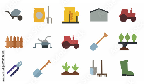 Farming and Gardening Icon Set Flat Color Vector Agriculture Tools Collection