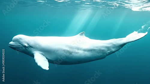 Majestic white beluga whale swimming gracefully in the deep blue arctic ocean with beautiful sun rays filtering from the water surface.