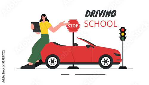 Driving school illustration with a woman and a red convertible car