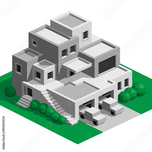 Isometric illustration of a modern multi-story residential house with a garage and cars, set against a green lawn.