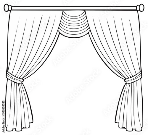 Draped Fabric Window Coverings with Decorative Valance and Tiebacks