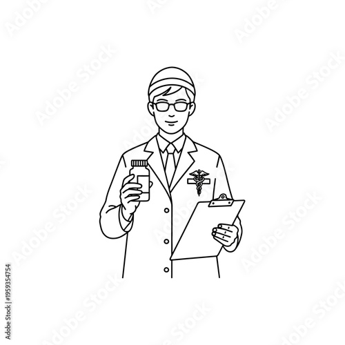 Medical Researcher Doctor Examining Test Results with a Clipboard and Sample Container