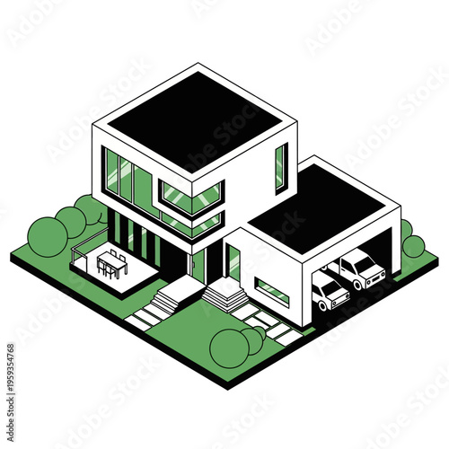 Isometric illustration of a modern two-story house with a flat roof, large windows, an attached garage with two cars, and a small patio with a table and chairs, surrounded by green grass and trees.