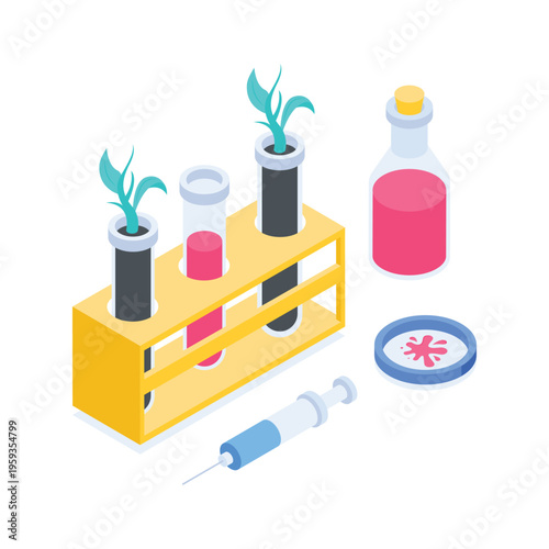 Creatively crafted isometric illustration representing biology laboratory scientific experiment