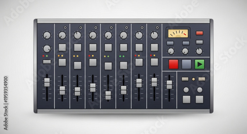 Professional audio mixing console with multiple channels and controls on a plain background