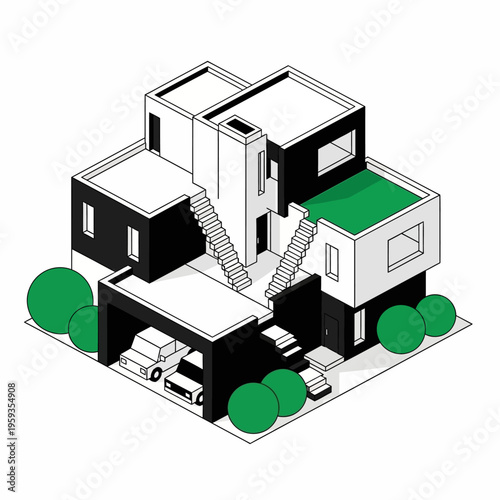 An isometric illustration of a modern black and white house with green accents and a carport.