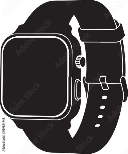 Smartwatch, wearable device, black icon, watch face, digital timepiece isolated PNG with Transparent Background