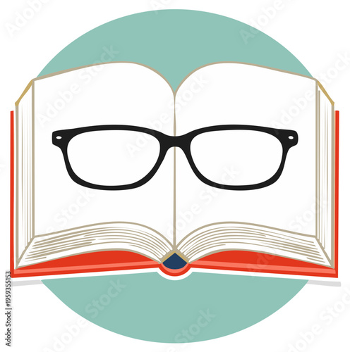 Open book and glasses reading and learning vector illustration graphic.