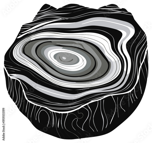 Abstract illustration of a tree stump with detailed concentric rings and textures in grayscale