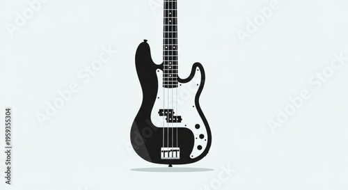 Electric bass guitar with black body and white pickguard on a plain background