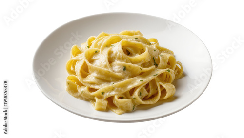 Appetizing creamy fettuccine pasta dish garnished with fresh parsley on a white plate