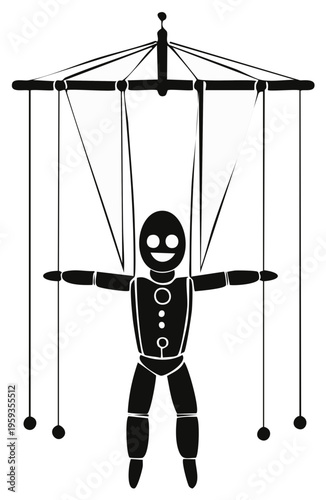 Black silhouette of a marionette puppet controlled by strings against a white background
