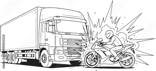 Truck, motorcycle crash, accident illustration, collision scene, vehicle impact isolated on Transparent Background