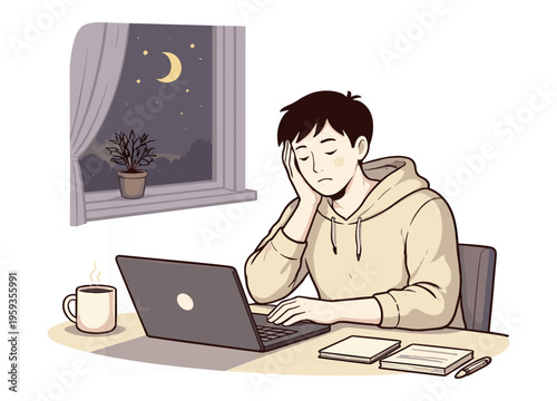 Tired Man Working Late at Night on Laptop Burnout and Insomnia Line Art Vector Illustration