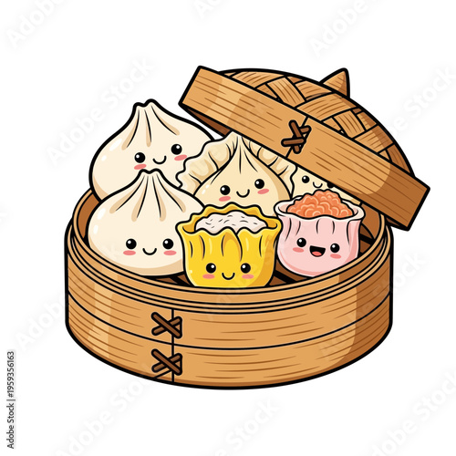 Cute Kawaii Dumplings in Bamboo Steamer Basket