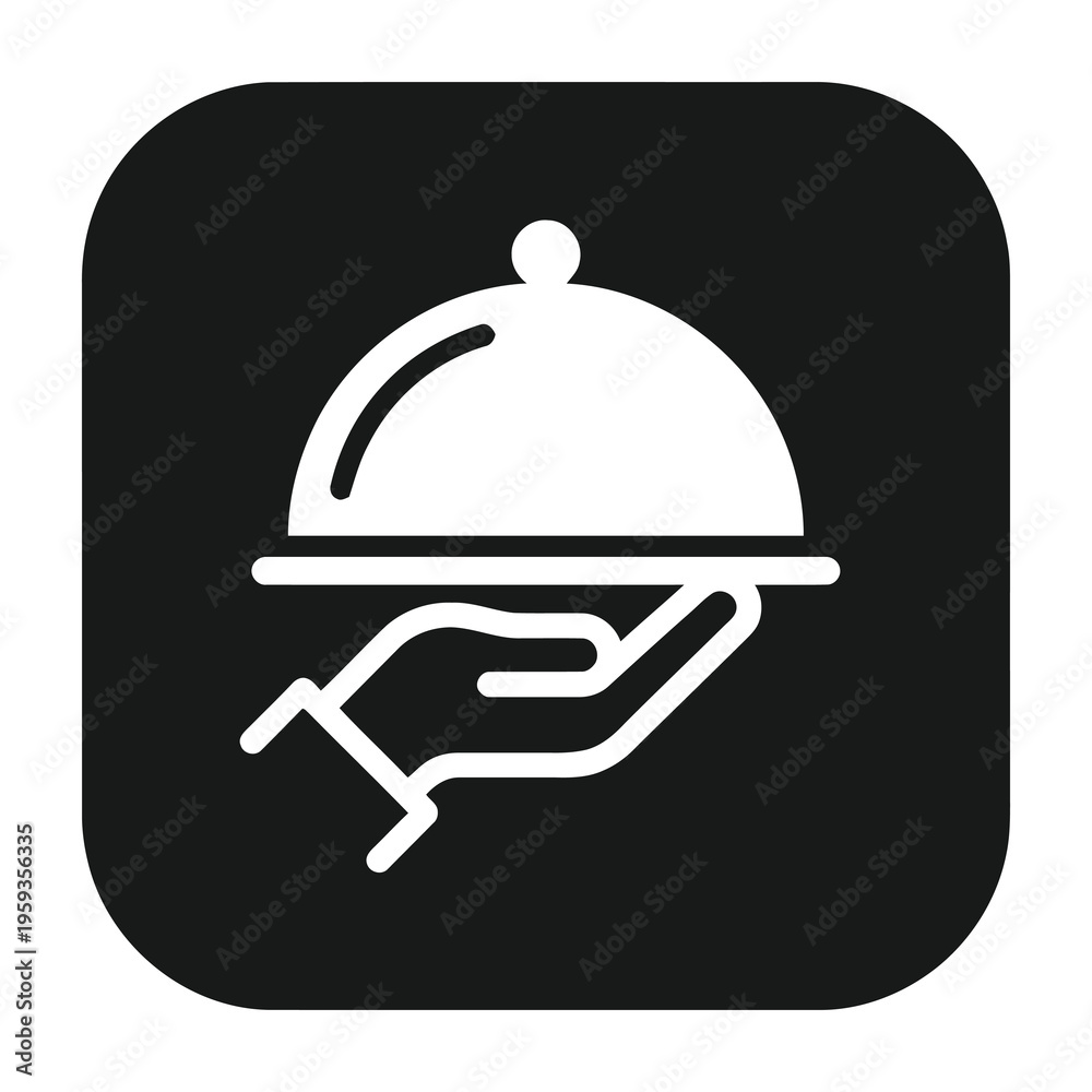 Fototapeta premium Simple white serving tray icon with cloche lid on black background symbolizing food service hospitality and fine dining experiences
