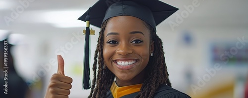 Confident Black graduate giving a thumbs up in front of a white backdrop, representing academic success and encouragement, Generative AI