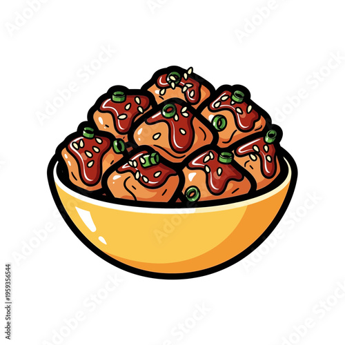 Japanese Takoyaki Balls in Yellow Bowl, Topped with Sauce and Green Onions