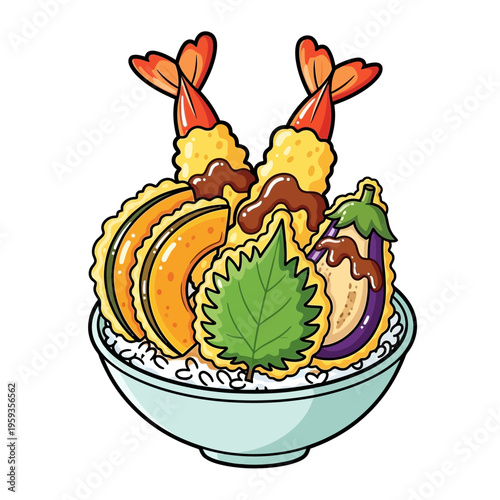 Japanese Tempura Bowl with Shrimp, Eggplant, and Squash