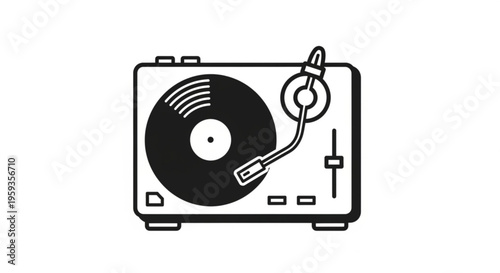 Vinyl record player with turntable and stylus on white background music nostalgia icon