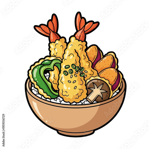 Shrimp tempura bowl with vegetables and rice