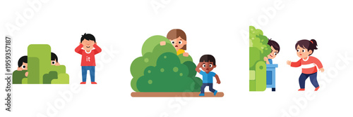 A child hiding and searching during a game, flat vector, no outlines, white background