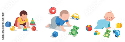A toddler crawling around with toys, flat vector, no outlines, white background