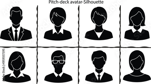 Eight black and white business people silhouettes in two rows