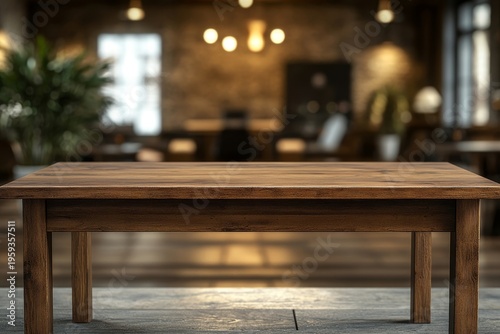 Wooden desk on a blurred background of a meeting room interior, with a mockup frame for professional use, Generative AI