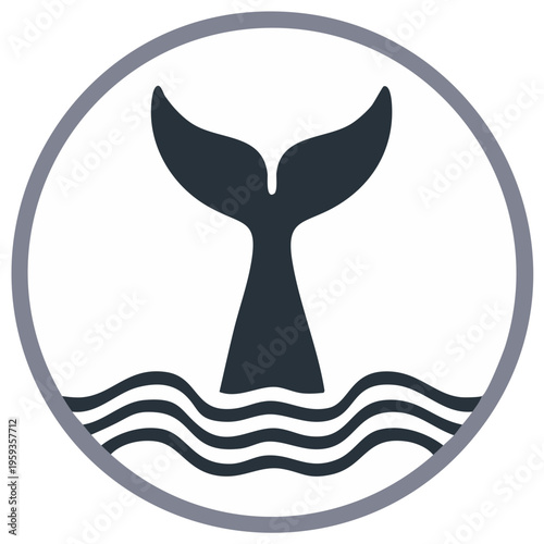 Stylized whale tail emerging from wavy ocean water inside a circular frame