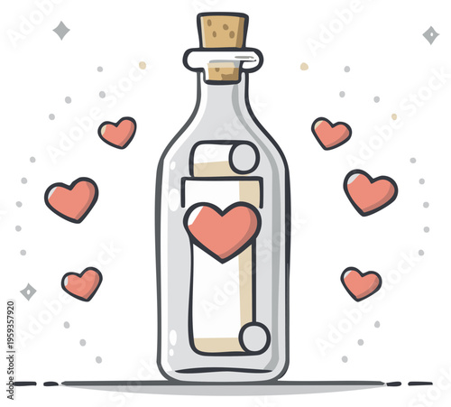 A heartfelt message floats inside a corked bottle surrounded by floating hearts and sparkling light effects