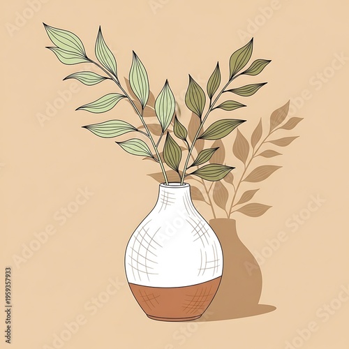 Vase with green leaves on beige.
