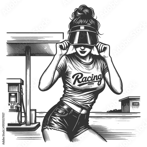 cheerful woman in a crop top and shorts labeled Racing, standing near a gas pump with a playful pose sketch engraving generative ai vector illustration. Scratch board imitation. Black and white image.