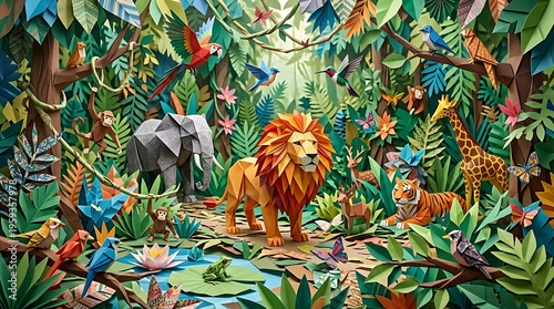 Panoramic magical rainforest scene featuring exotic wild animals made entirely of colorful folded paper.